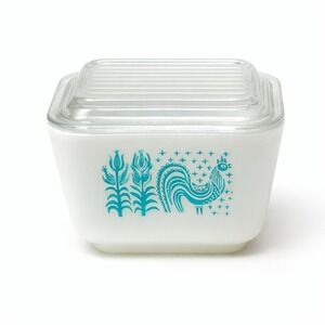 Vintage Pyrex Butterprint 501 Turquoise White Refrigerator Dish Ribbed Glass Lid